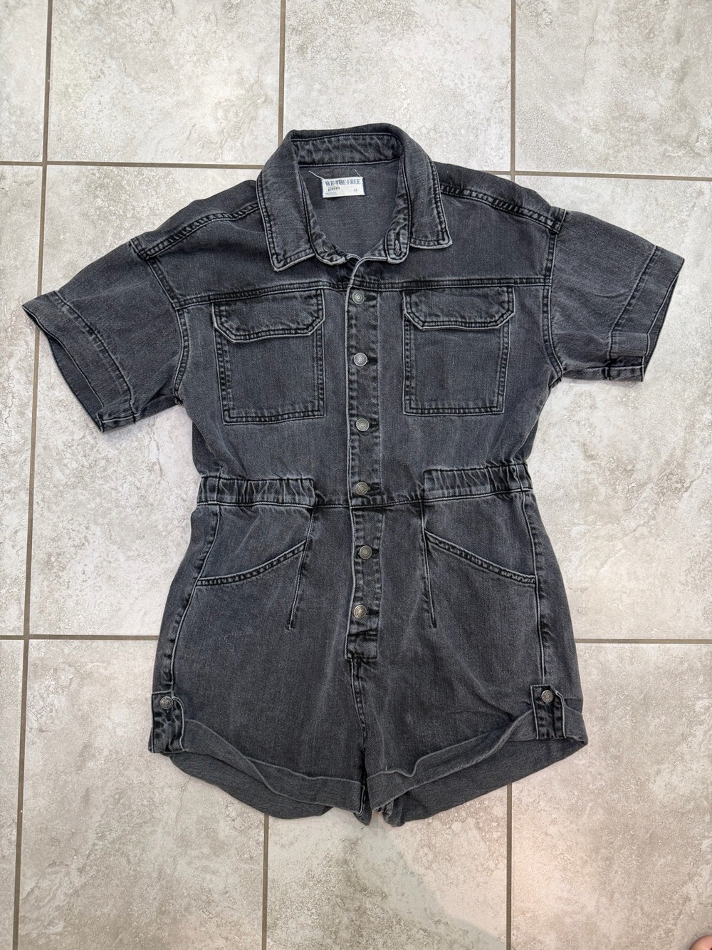 Free People We The Free Marci Cuffed Denim Romper Shortalls Iron Black M